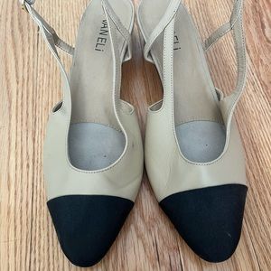 Vaneli Tan Slingback Heels with a Black Toe